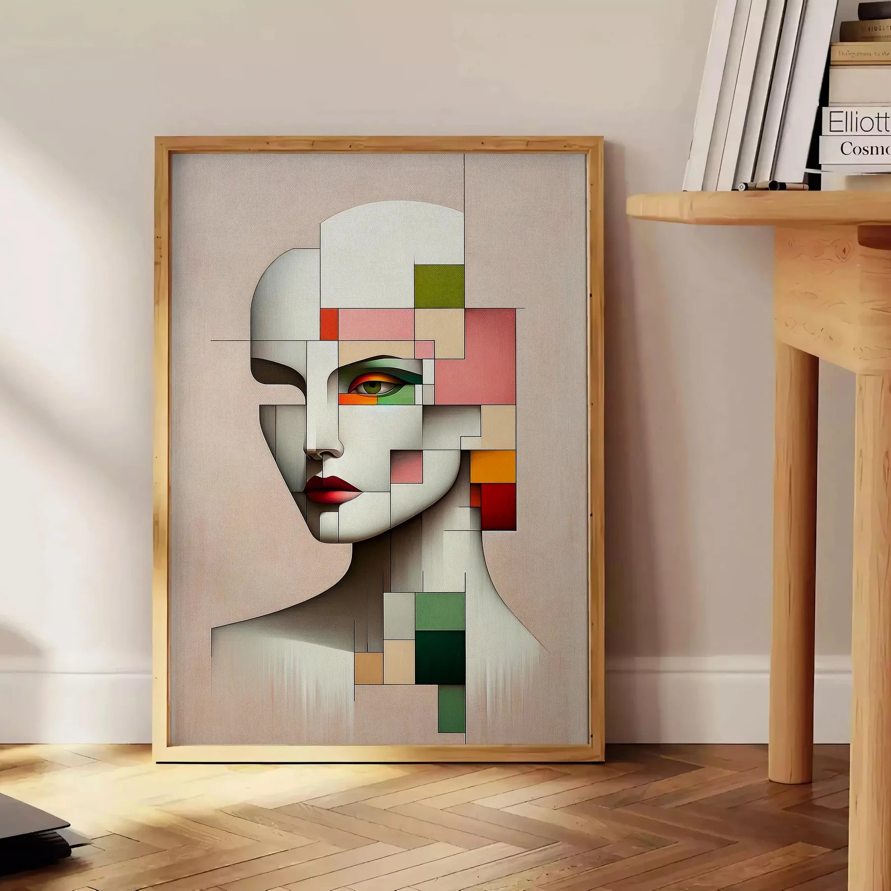 space vibrant abstract geometrical human art poster rich orange red hues wall unique gift stunning print modern flair room sizes A4 cm A0
