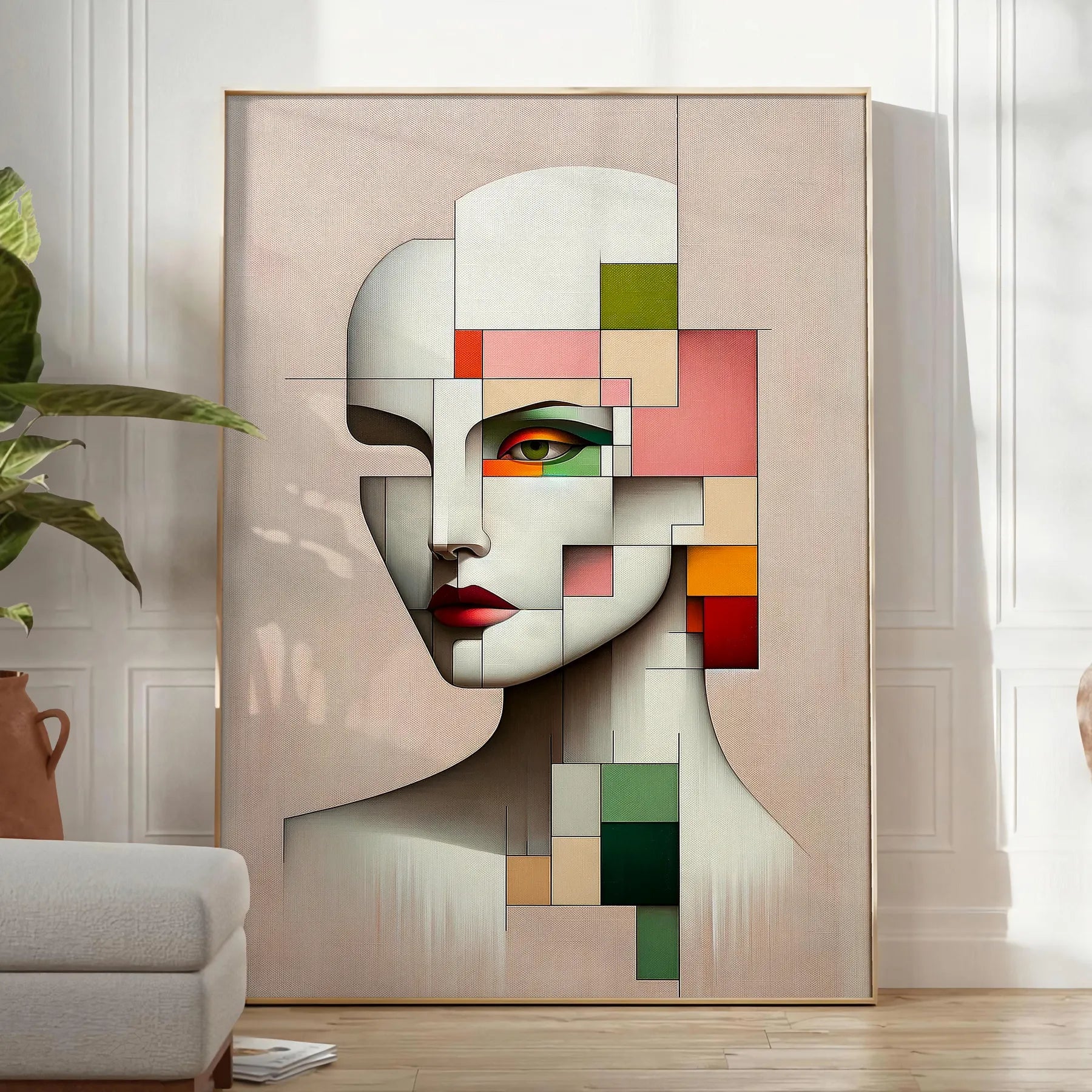 space captivating abstract geometrical human poster vibrant red green hues unique wall art piece thoughtful gift decor stunning artwork unframed variations